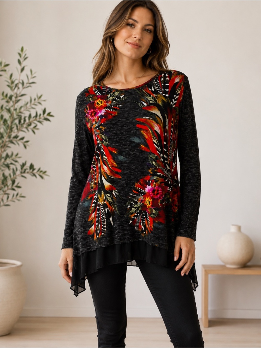 Fuzzi Jean Paul Gaultier Floral Boho Print Asymmetrical Mesh Tunic Top Sz L